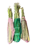 Three bundles of green Palm Stalks in mesh bags.
